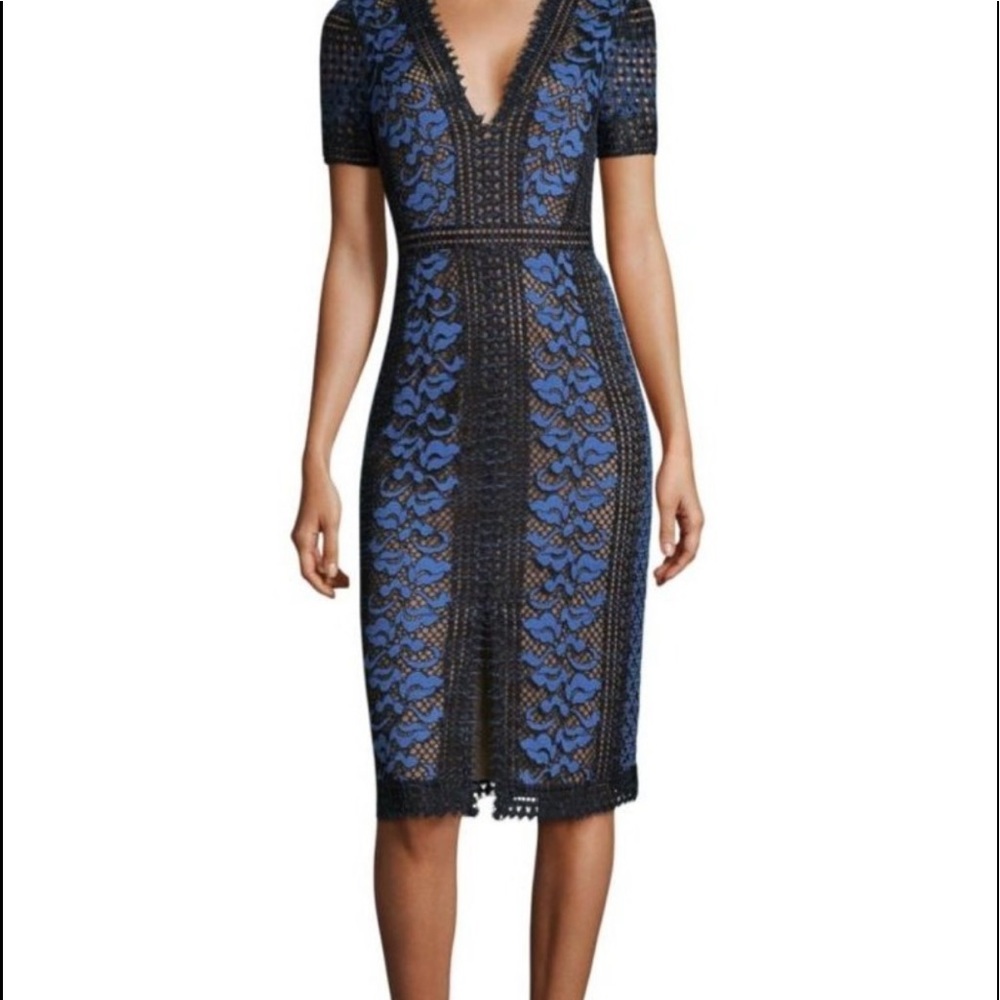 BCBGMaxAzria Black and Blue Lace Sheath Dress